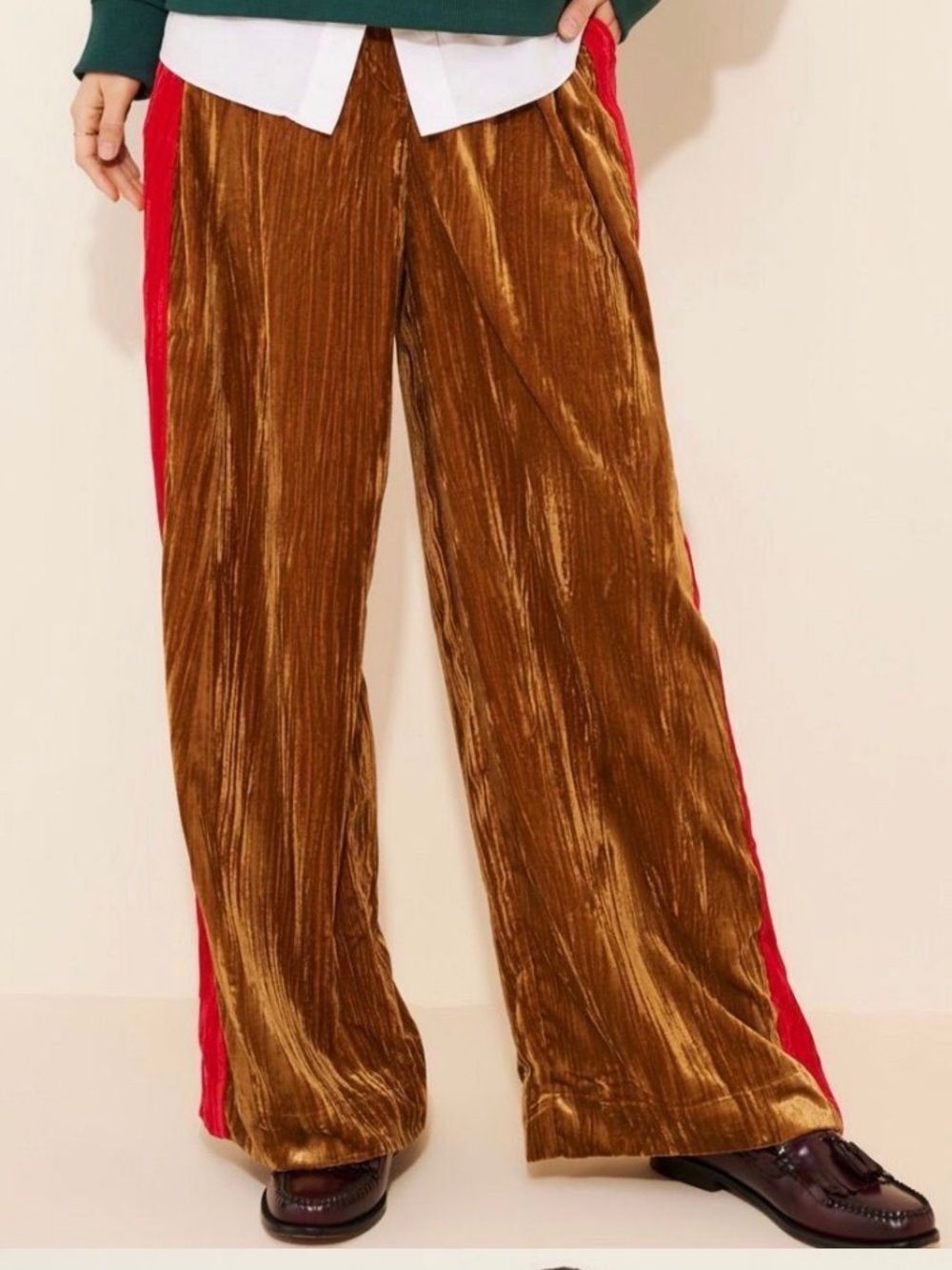 FARM Rio Gold Crushed Velvet Wide-Leg Pants Red Side Panels M MSRP:$178